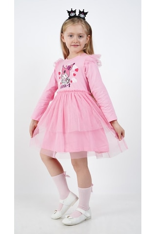Kuromi Pembe Tül Detaylı Kız Çocuk Elbisesi Pembe