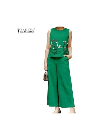 Zanzea Kadın Çiçek Baskı Tankı Üstleri Ve Pantolon Yaz Rahat Iki Parçalı Takım Elbise Seti Turuncu