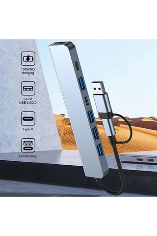 Alüminyum Usb Hub 7 in 1 Usb  / Type-C To Usb A, Usb C, Usb 2.0