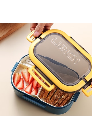 Taşınabilir Yemek Kabı Lunch Box 2 Katlı Diyet Beslenme Kutusu Saklama Kabı Çatal Kaşıklı Sefer Tası Mavi - Lacivert