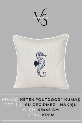 Kırlent Kılıfı 45x45 3'lü Set Marin Nakışlı Deniz Atı Desen Su İtici Outdoor Keten Tekne Bahçe Krem