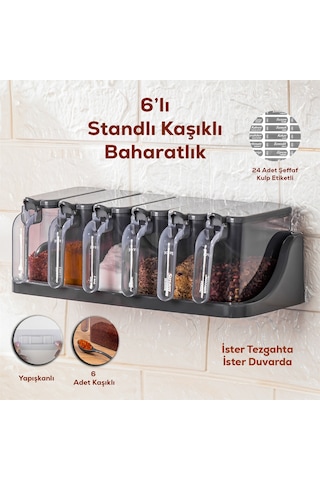 Porsima 1182 Standlı Kaşıklı Kapaklı Baharatlık Seti 6'Lı Antrasit