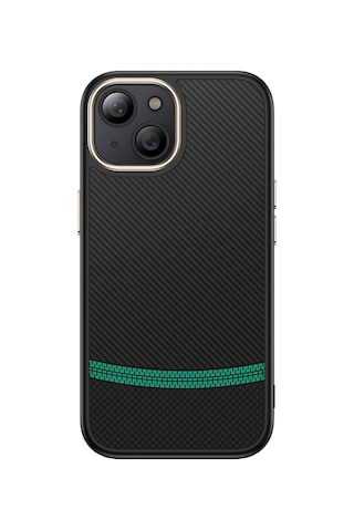 Apple Uyumlu iPhone 15 Kılıf M-safe Şarj Özellikli Karbon Fiber Görünümlü Uzrm Antina Kapak - Siyah-yeşil Siyah-yeşil