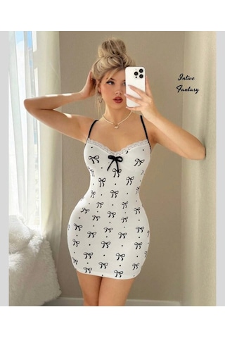 Bigpoint Intive Fantasy Beyaz Siyah Kurdeleli Dantel Detaylı Slim Kesim Mini Feminen Gecelik