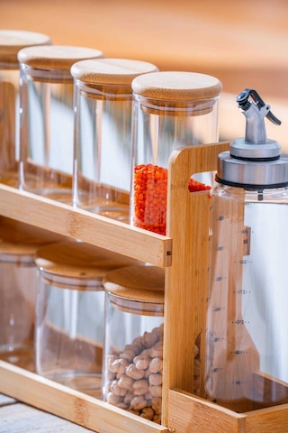 Acar Malibu Bambu Standlı 9 Lu Boroslikat Cam Baharatlık Seti Şeffaf