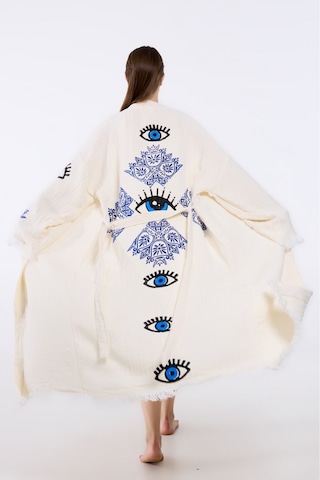 Befera Müslin Kimono Pamuklu Etnik Göz Baskılı Desenli Bornoz Kaftan Sabahlık Ekru