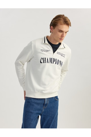 Koton Yarım Fermuarlı İşlemeli Uzun Kollu Sweatshirt Beyaz 5sam70033mk Beyaz