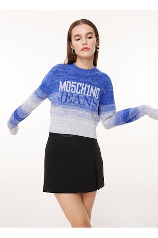 Moschino Jeans Bisiklet Yaka Baskılı Kazak Kadın J0924 Mavi