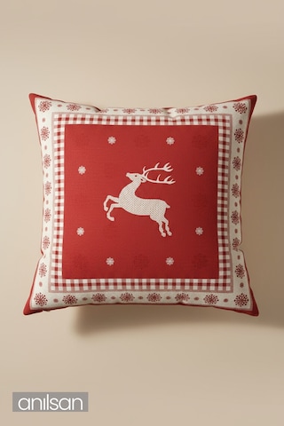 2adet Geyik Desenli Çift Taraflı Kırlent Kılıfı - 45x45 Cm Yılbaşı Dekoratif Kırmızı - Beyaz