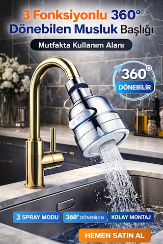 Mutfakta Sıçramayı Önleyen 360 Döner Musluk Başlığı 3 Fonksiyonlu Sprey Uç Krom
