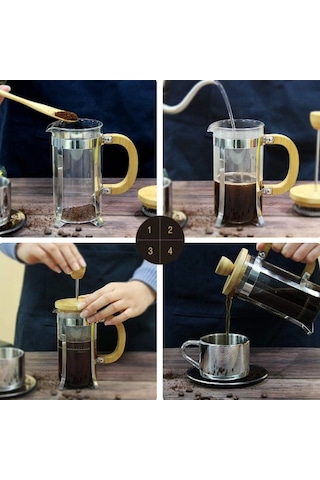 Frenchpress Yüksek Kaliteli Estetik Kahve Demleme Deneyimi Ahşap Detaylı 600 Ml Cam French Press Çok Renkli