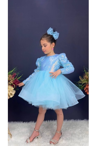 Gren Etek Pul Payet Uzun Kol Kız Çocuk Abiye Elbise 001