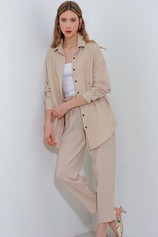 Bigdart Kadın Bej Oversize Keten Alt Üst Takım 6622 6622bgd19-016-14414 001