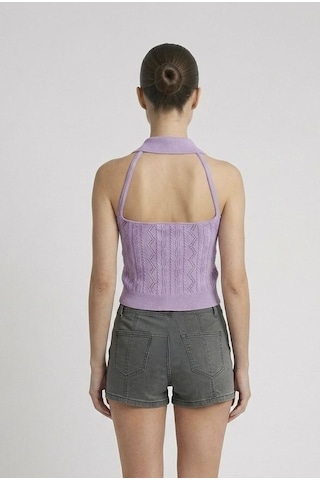 Neden Tekstil Kadın Polo Yaka Sırt Dekolteli Crop Bluz - Lila