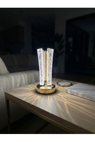 Vezza Home 3 Renk Modlu Kristal Görünümlü Dokunmatik Şarjlı Masa Lambası - Dekoratif Gece Lambası Gold
