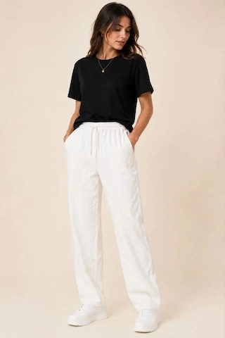 Defymoda 2li Bürümcük Kumaş Beli Lastikli Bağcıklı Bol Paça Pantolon - Beyaz/vizon Çok Renkli