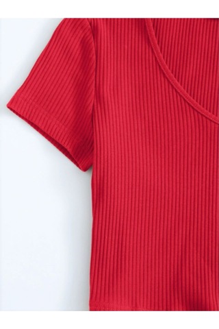 Rooted-kadın Basic Crop V Yaka Kaşkorse T-shirt Kirmizi