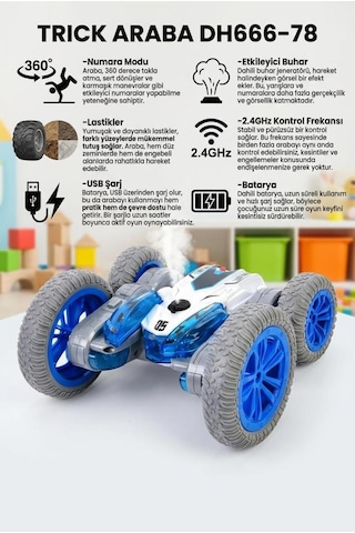 Uzaktan Kumandalı 7 Fonksiyonlu Işıklı Şarjlı Duman Atan 360 Derece Dönebilen Oyuncak Akrobat Araba Mavi