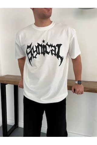 Vexor Erkek Bisiklet Yaka Ön Baskılı Kısa Kollu Tişört Streetwear Günlük Basic Pamuklu T-shirt - Bey Beyaz