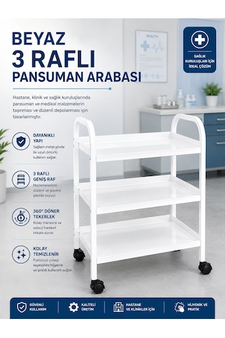 Beyaz 3 Raflı Pansuman Ve Cihaz Arabası