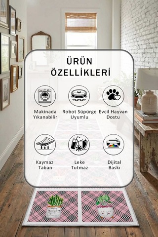 Ekose Kaktüs Zemin Beyaz Çizgi Pembe Yıkanabilir Yolluk