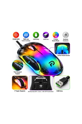 Trio G702 7200 Dpı Şeffaf Rgb 7 Tuşlu Kablolu Gaming Oyuncu Mouse 160 Cm Örgü Kablo -