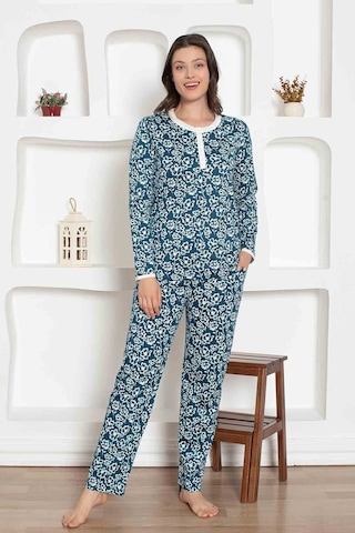 Kadın Çiçek Desen Bisiklet Yaka 3 Düğmeli %100 Pamuk Penye İnce Yazlık Uzun Kol Pijama Takımı İndigo