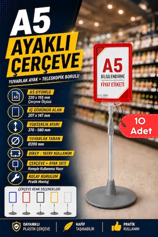 10 Adet - A5 Ayaklı Menü Ve Fiyat Bilgi Standı Yuvarlak Tabanlı Teleskopik Çerçeve Etiketlik Kırmızı