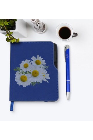 Kişiye Özel Papatya Temalı Lacivert Termo Deri Defter Kalem Seti- N11.140