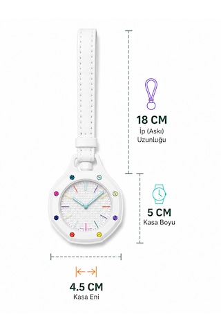 Piyatech Renkli Detaylı Askılı Cep Saati Hemşire Saati Çanta Ve Pantolon Aksesuarı Anahtarlık Unisex Sekizgen Saat Beyaz