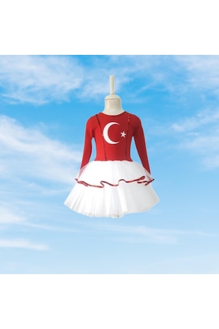Türk Bayraklı Milli Bayramlar 6-7 Yaş Beyaz Tütülü Kırmızı Beyaz Kostüm