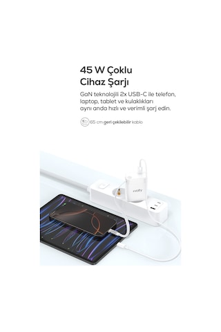 Hızlı Şarj Adaptörü 45w Pd Gan, Geri Çekilebilir Usb-c Kablolu, 2 Port, Laptop Uyumlu V0102023