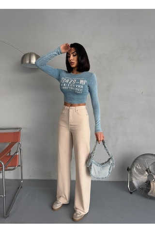 Bej Denım Kumaş Wide-leg Pantolon Bej