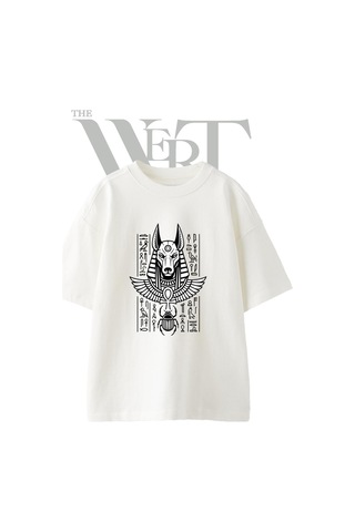 Thewert Anubis Misir Tasarım Baskılı Ünisex Beyaz Oversize T-shirt