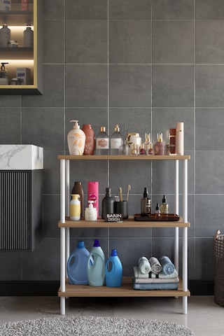 3 Raflı Çevir Tak Beyaz Metal Gövdeli Çok Amaçlı Banyo Rafı Ve Organizer Raf Banyo Dolabı Atlantik Çam