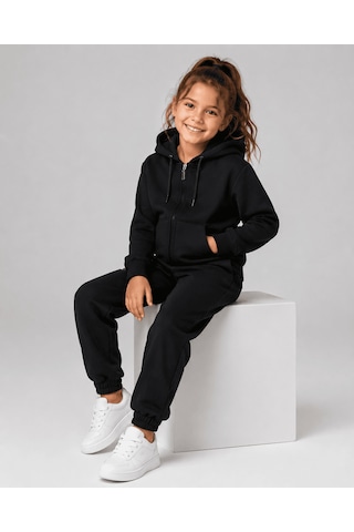 Eray Alp Kids Unisex Çocuk Siyah Kapüşonlu Fermuarlı Eşofman Takımı Günlük Rahat Kombin