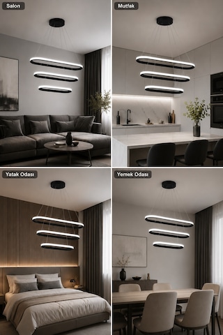 AvizeGO Elipso 3'lü Led Sarkıt Avize 3 Renk Kumandalı Siyah