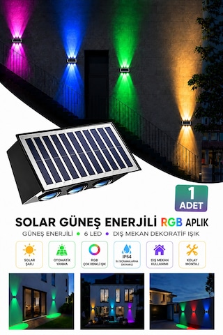 Güneş Enerjili Rgb Solar Aplik 6 Led, Renkli Işıklı Otomatik Yanan Dış Mekan Duvar Lambası, Bahçe Balkon Teras Aydınlatması 1 Adet