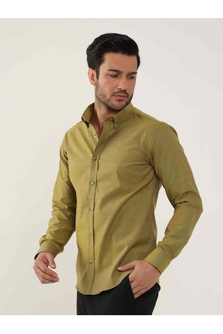 Dufy Hardal Erkek Slim Fit Düz Brent Düğmeli Yaka Uzun Kol Gömlek - 102454-hardal Hardal