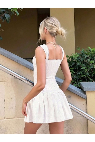 Fashion Cocktail Dokulu Kumaş Ayarlanabilir Ön Korseli Kalın Askılı Mini Sexy Gece Elbisesi Siyah Beyaz