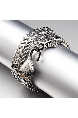 Novahub İskandinav Viking Kurt Kafası Paslanmaz Çelik Erkek Bileklik Hip Hop Kişiselleştirilmiş Çift Sıralı Bilezik 19cm Gümüş Gümüş