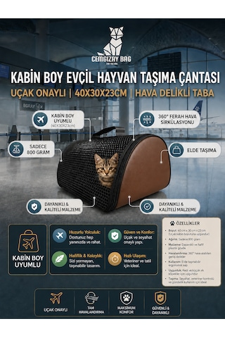 Cemgizay Kabin Boy Evcil Hayvan Taşıma Çantası Omuz Askılı Uçak Onaylı 40x30x23cm Hava Delikli Taba