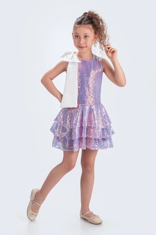 Etekli Şık Elbise Pullu 3 Kat Lila