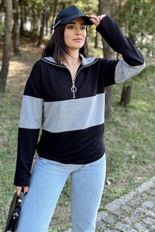 WeShaya Kadın Siyah Uzun Kol, Dik Yaka, Fermuarlı, Double Color Block Basic Sweatshirt Bluz Siyah