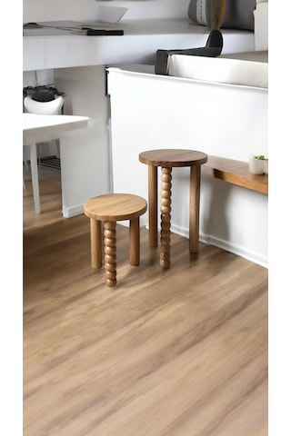 Ahşap 2 Li Set Yan Sehpa Modern Fiskos / Çiçeklik Natural Renk Vernikli Cilalı Ahşap