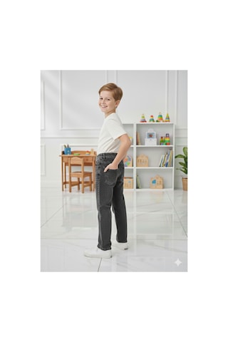Erdem Kıds Erkek Çocuk Pamuklu Beli Lastikli Baggy Jean Pantolon Rahat Kalıp Geniş Bol Paça Kot Pantolon Füme Gri Füme Gri