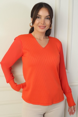 By Saygı Kadın Kolları Şifon V Yaka Kazak-39643 Mercan