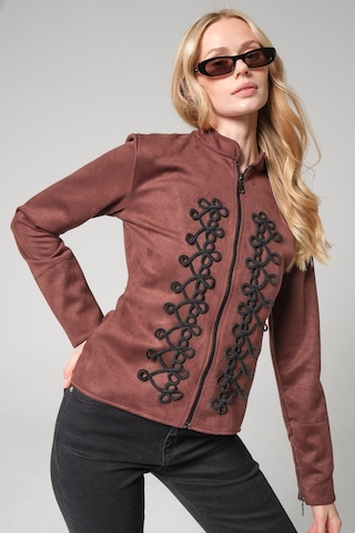 Mayrem Nakış İşleme Detaylı Slim Fit Fermuarlı Kadın Süet Ceket Kahverengi