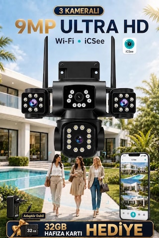 İcsee 9002 9mp 3 Lens Wifi Güvenlik Kamerası, Motorlu Gece Görüşlü Dış Mekan Kamera, 32gb Kart Ve Adaptör