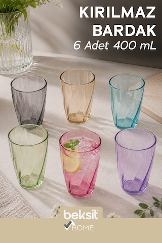 Beksit Home Glassy Kırılmaz Polikarbon 6'lı Bardak Karışık Renkli (400 ml)